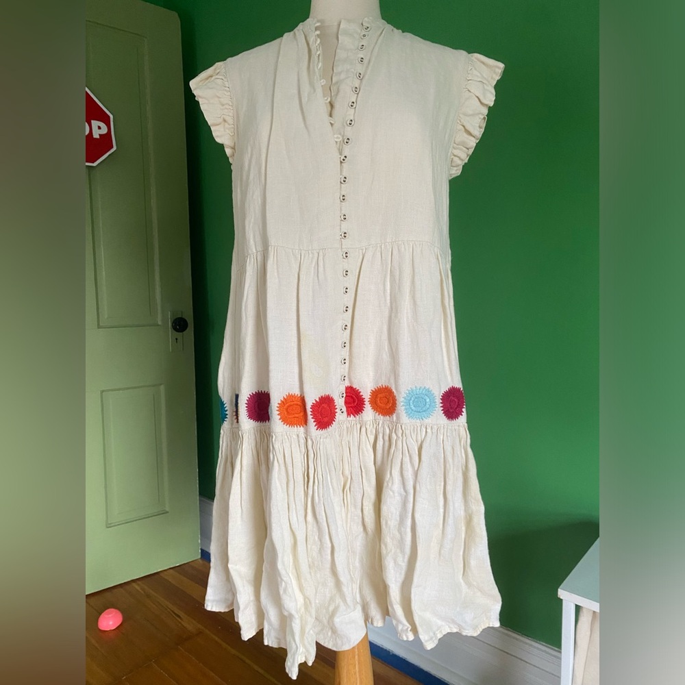 Cream Midi Dress with Multicolor Crochet Trim